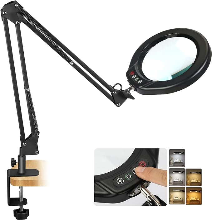 VEEMAGNI 5 Inch Large Magnifying Glass with Light and Stand, 5 Color Modes Stepless Dimmable, Long Swivel Arm LED Clamp Desk Lamp, Hands Free 10X Lighted Magnifier for Close Work Craft Hobby Soldering - LeafyLoom