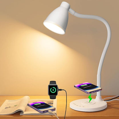 BOHON Desk Lamp for Home Office, LED Desk Light with USB C+A Charging Ports, Wireless Charger, 5 Colors Stepless Dimming Reading Light Timer, Touch Bedside Table Lamp for College Dorm Room White - LeafyLoom