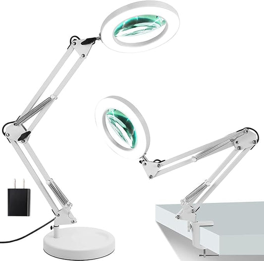 Magnifying Glass with Light and Stand, 10X Magnifying Lamp,Qsky 2-in-1 Desk Lamp with Clamp,3 Color Modes & Stepless Dimmable, LED Lighted Magnifier for Reading, Crafts, Repair, Close Work (White) - LeafyLoom