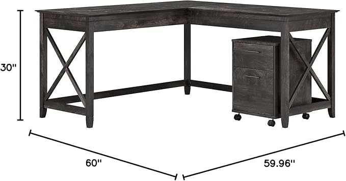 Bush Furniture Key West 60W L Shaped Desk with 2 Drawer Mobile File Cabinet in Dark Gray Hickory - LeafyLoom