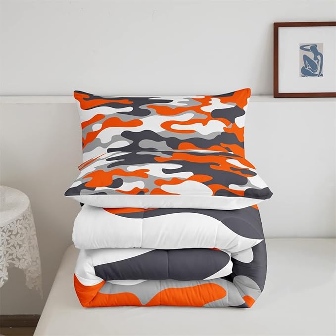 Feelyou Full Size Camouflage Comforter Set 3Pcs Kids Bedding Set for Boys Girls Teens 1 Comforter & 2 Pillowcases(Full,Orange) - LeafyLoom