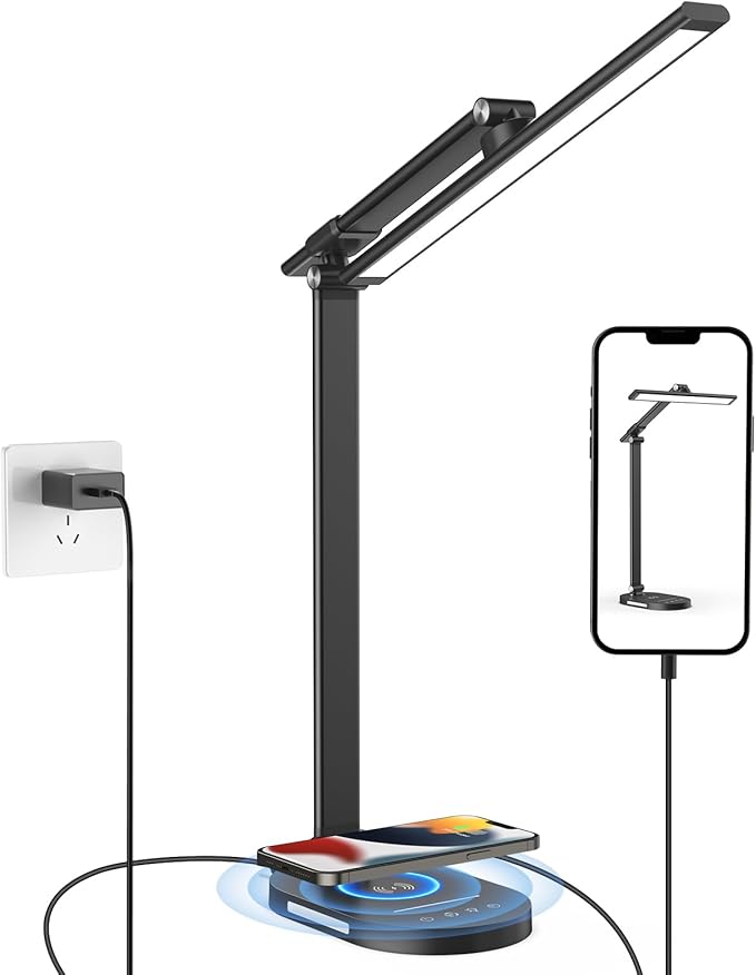 XREY LED Desk Lamp with Wireless Charger, USB Charging Port, Desk Lamp Touch Control Dimmable with 5 Color Modes & 5 Brightness, Eye Caring Desk Lamp, 2 Night Lights (Black) - LeafyLoom