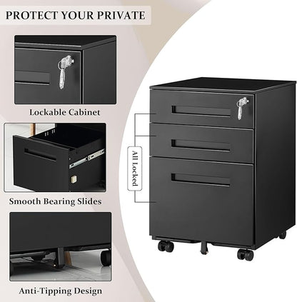 3-Drawer Mobile File Cabinets Rolling Metal Filing Cabinet for Legal & Letter File Anti-tilt Design with Lock Under Desk Office Drawers Fully Assembled Except Casters Black(Style 3) - LeafyLoom