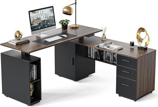 FEZIBO 63" L Shaped Executive Standing Desk with File Cabinet, Electric Height Adjustable, Black Walnut - LeafyLoom