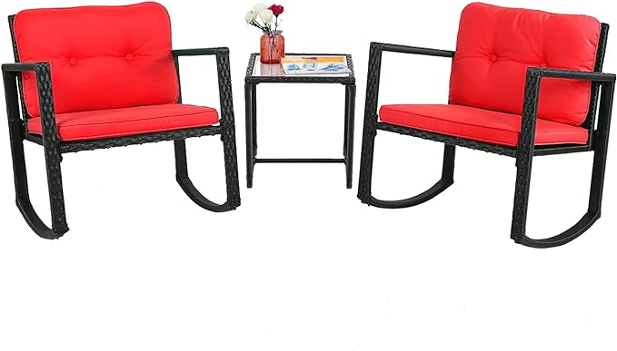 FDW 3 Piece Wicker Patio Furniture Sets Rocking Chair Outdoor Bistro Set Patio Set Rattan Chair Conversation Set with Porch Chairs and Coffee Table,Red - LeafyLoom