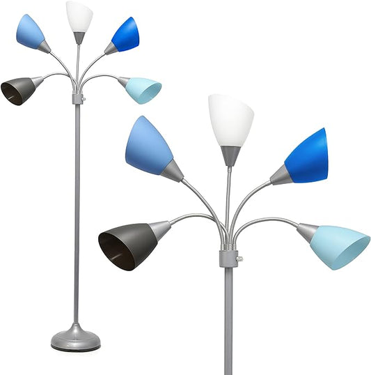 Simple Designs LF2006-SBG 67" Contemporary Multi Head Medusa 5 Light Adjustable Gooseneck Silver Floor Lamp with Blue, White, Gray Shades for Kids Bedroom Playroom Living Room Office - LeafyLoom