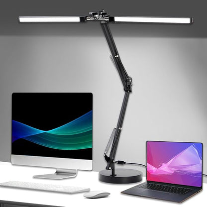 Double Swing Arm Bright LED Desk Light Adjustable Foldable Desk Lamp for Home Office, 3 Colors Lighting & Stepless Dimming Dimmable Table Desk Light for Work/Study/Craft - LeafyLoom