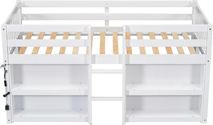 LED Twin Size Low Loft Bed for Kids,Twin Loft Bed with Storage Shelves,Kids Low Loft Bed Frame with LED Light,Space Saving, White - LeafyLoom