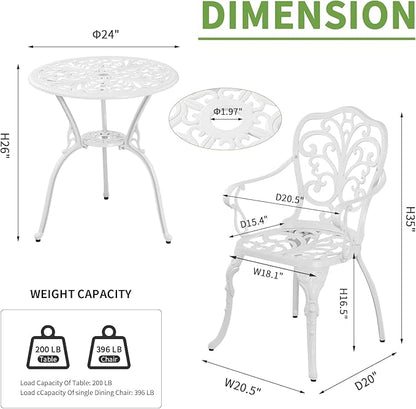 Patio Bistro Sets 3 Piece,Cast Aluminum Bistro Table and Chairs Set of 2 with 1.97" Umbrella Hole,All Weather Bistro Table Set Outdoor Patio Furniture for Garden,Yard(Butterfly White) - LeafyLoom