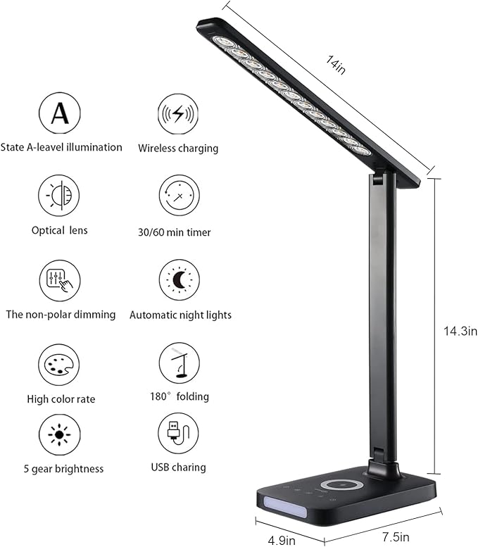 VAVOFO LED Desk Lamp with Fast Charger, USB Charging Port, Desk Light for Home Office with 5 Brightness Levels, Touch Control, 30/60 min Auto Timer, Eye-Caring Dimmable Table Lamp with Adapter - LeafyLoom