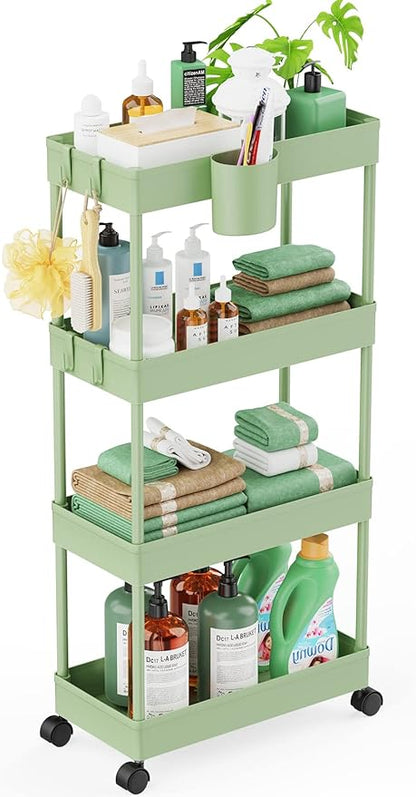 LEHOM Slim Rolling Storage Cart - 4 Tiers Bathroom Organizer Utility Cart Slide Out Storage Shelves Mobile Shelving Unit for Kitchen, Bedroom, Office, Laundry Room, Small Narrow Spaces, Green - LeafyLoom