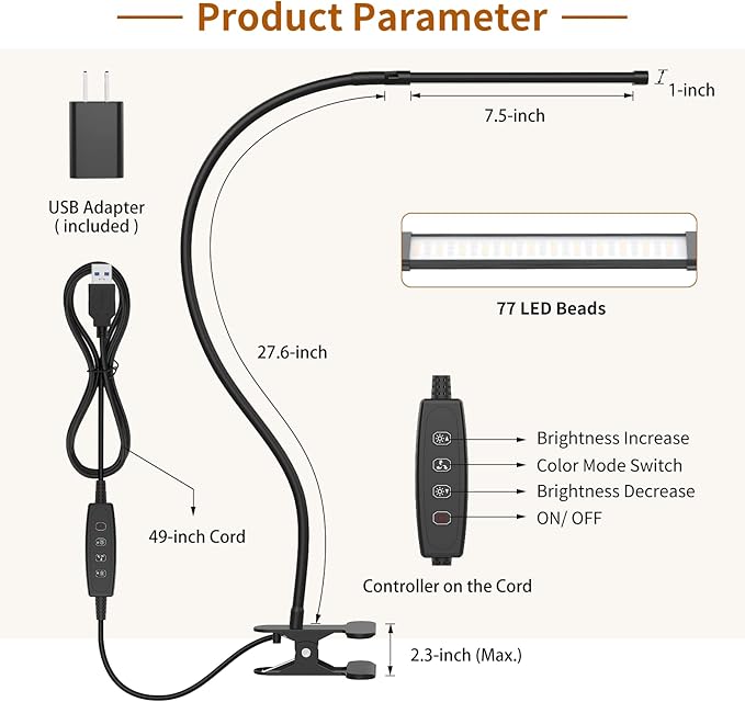 iZELL Desk Light, [2-Pack] LED Desk Lamp with Clamp [77 LEDs Light with 3 Color Modes & 10 Brightness Levels] Flexible Gooseneck LED Book Light, Easy Clip on Reading Light - LeafyLoom