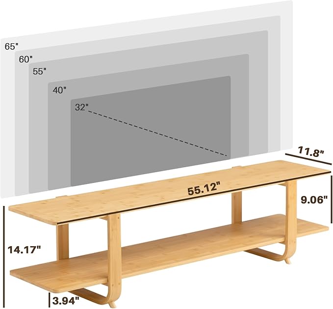 HollyHOME Bamboo TV Stand with Storage for TVs up to 65'', Modern Entertainment Center with 2 Open Shelf, Accent TV Media Console Table for Living Room, Bedroom, 55"(L), Burlywood - LeafyLoom