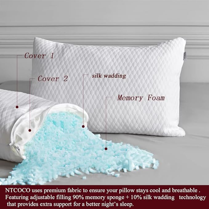 Pillow, Shredded Memory Foam Bed Pillows for Sleeping, with Washable Removable Cooling Hypoallergenic Sleep Pillow for Back and Side Sleeper, Queen (1-Pack) - LeafyLoom