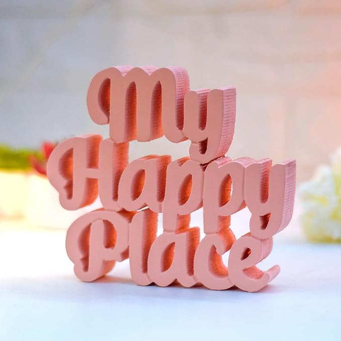 My Happy Place Peach Aesthetic Table Decor - Home, Office Desk, Shelf. Quirky Room Decoration Showpiece, Birthdays, Corporate Gifts, and Inspirational Wall Decor. - LeafyLoom