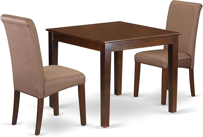 East West Furniture OXBA3-MAH-18 Oxford 3 Piece Set Contains a Square Dining Room Table and 2 Brown Linen Fabric Upholstered Chairs, 36x36 Inch - LeafyLoom