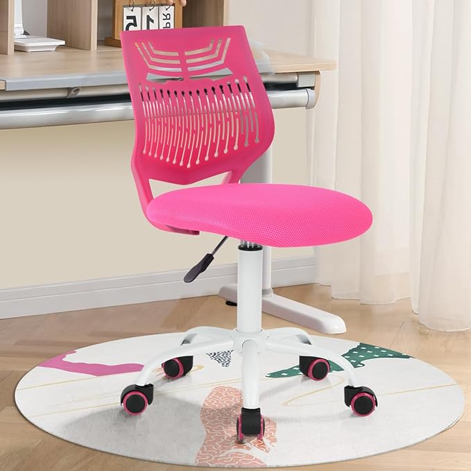 FurnitureR Desk Chair Armless Cute Home Office Desk Chair for Kids, Swivel Computer Task Chair Study Chair with Mesh Padded Cushion and Rolling Wheels for Child, Pink - LeafyLoom