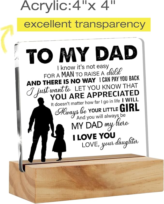 Father Gift Dad Gifts From Daughter, to My Dad My Hero Quote Desk Decor Acrylic Desk Plaque Sign with Wood Stand Home Office Desk Sign Keepsake Present - LeafyLoom