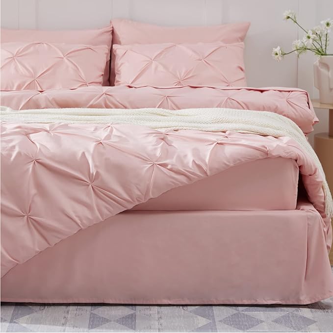 Bedsure King Size Comforter Set - Bedding Set King 7 Pieces, Pintuck Bed in a Bag Pink Bed Set with Comforter, Sheets, Pillowcases & Shams - LeafyLoom