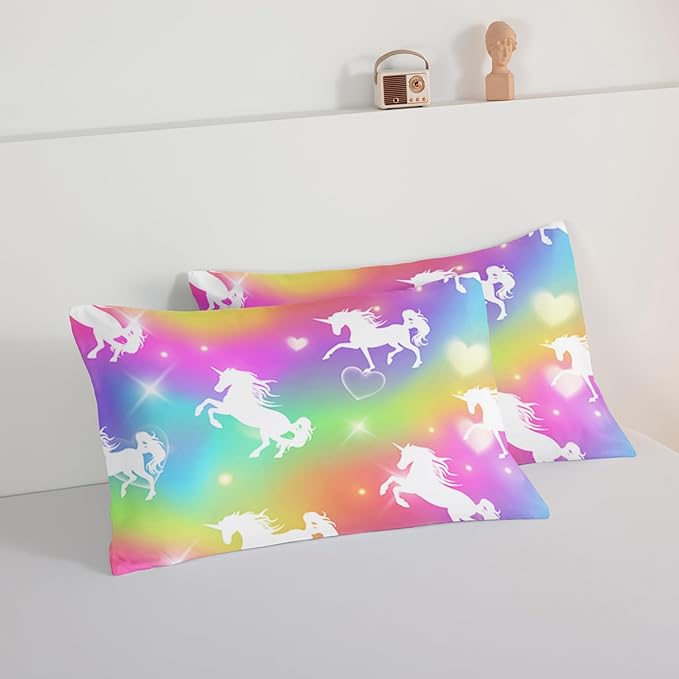 HOSIMA Unicorn Bedding 3pcs Rainbow Comforter Set with 2 Pillowcases,Sparkle Stars Twin Bed in a Bag Sets for Adults Teen Girls,Cute Rainbow Unicorn Twin Comforter Princess Toddler Bedding Set. - LeafyLoom