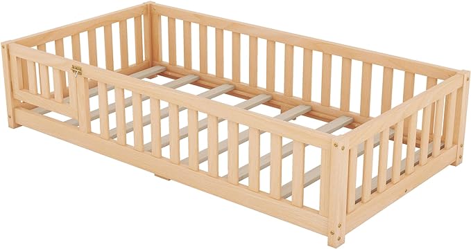 Multifunctional Twin Size Floor Bed with Safety Guardrails and Door, Removable Wood Slats, Montessori Beds Frame for Toddlers, Easy Assembly, for Boys and Girls Room, Natural - LeafyLoom