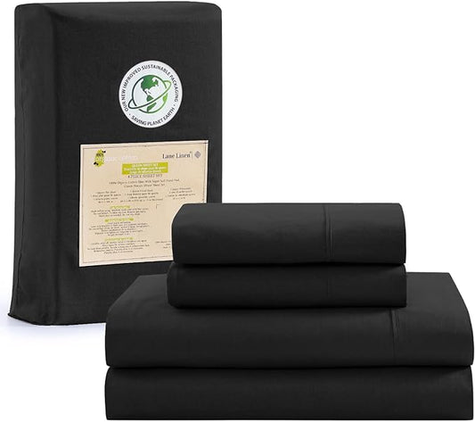 Lane Linen 100% Organic Cotton California King Sheets Set, 4-Piece Pure Organic Cotton Long Staple Percale Weave Ultra Soft Best Bedding Sheets for Bed, Breathable, Fits Mattress Upto 15" Deep - Black - LeafyLoom