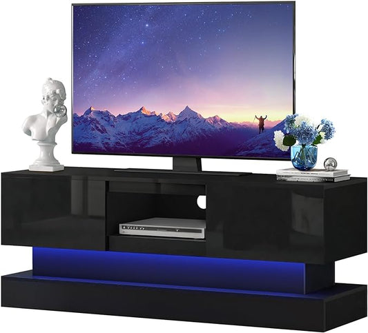 Black TV Stand Modern - TV Stands with Led Lights and Storage Drawers for TVs up to 55 Inch - Gaming TV Entertainment Stand for Living Room, Bedroom - LeafyLoom