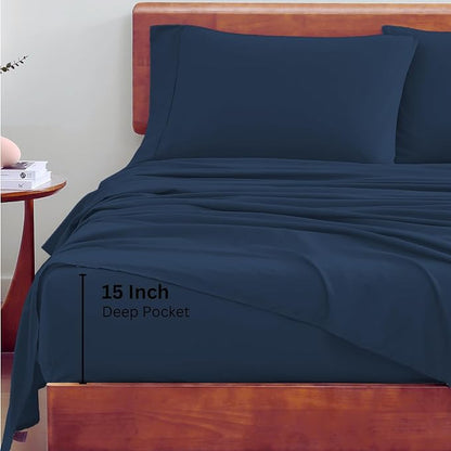 LANE LINEN 100% Organic Cotton California King Sheets Set, 4-Piece Pure Organic Cotton Long Staple Percale Weave Soft Bedding Sheets for Bed, Breathable, Fits Mattress Upto 15" Deep - Estate Blue - LeafyLoom