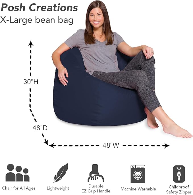 Posh Creations Bean Bag Chair for Kids, Teens, and Adults Includes Removable and Machine Washable Cover, Solid Navy Blue, 48in - X-Large - LeafyLoom