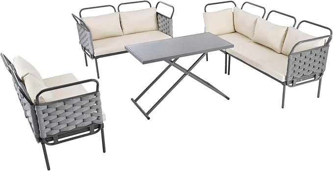 5-Piece Outdoor Furniture Sectional Conversation Sofa Set with Loveseat, Glass Table and Removable Cushions, All Weather Patio Woven Rope L-Shaped Couch for Garden Backyard, Gray+Beige - LeafyLoom