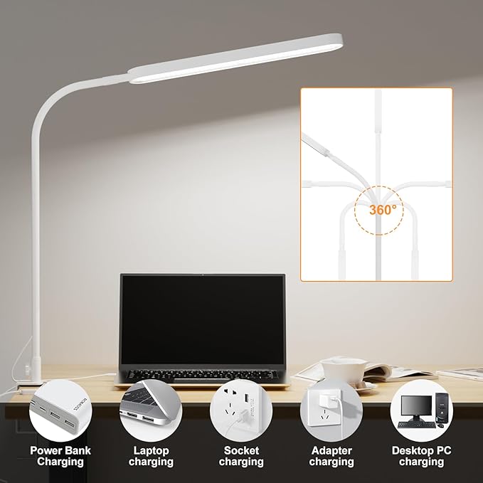 SKYLEO Desk Lamp - 33.5" Desk Light - Flexible Gooseneck - 5 Color Modes X 11 Brightness Levels - 1300LM - Timmer & Memory Function - 12W Clip on Light - White - LeafyLoom