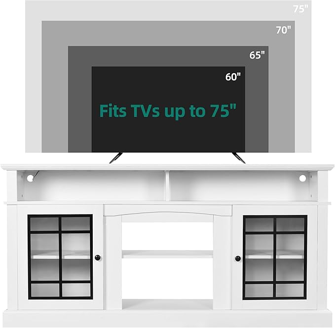 YITAHOME White TV Stand for 75/65 Inch TVs, 32'' Tall Mid Century Modern TV Cabinet with Adjustable Shelves and Glass Doors, Modern Entertainment Center TV Media Console Table for Living Room - LeafyLoom