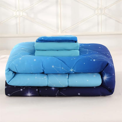 Wowelife Galaxy Comforter Set Queen 5 Pieces Glitter Bedding Set Blue 3D Stars Kids Bedding Set Bed in a Bag for Boys and Girls with Comforter, Flat Sheet, Fitted Sheet and 2 Pillowcases - LeafyLoom