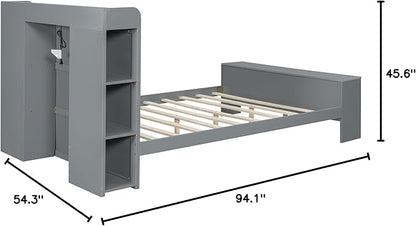 Merax Wood Bed Frame with Cabinets Full Size,Wooden Platform Bed with Storage Headboard,Footboard,Light and USB Ports,Kids Bed Frame Full Size - LeafyLoom