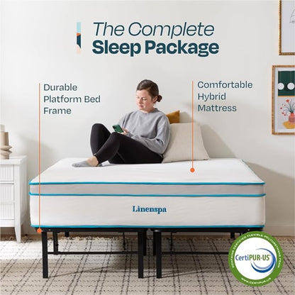 Linenspa 12” Memory Foam and Innerspring Hybrid Mattress + 14” Black Metal Platform Bedframe – Full Mattress + Metal Folding Full Bedframe - LeafyLoom