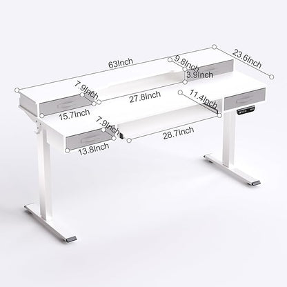 Electric Standing Desk, Multifunctional Standing Desk Adjustable Height, 63 * 24 Standing Desk with 4 Drawers, Ergonomic Adjustable Standing Desk with Keyboard Tray, Snow White - LeafyLoom