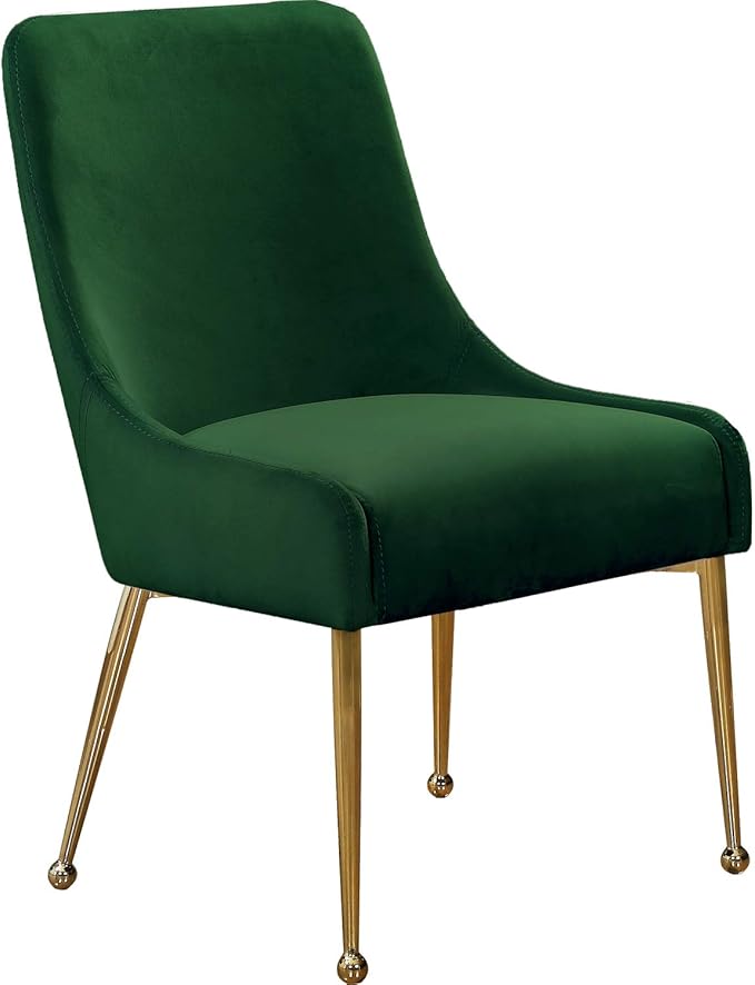 Meridian Furniture Owen Collection Modern | Contemporary Velvet Upholstered Dining Chair with Polished Gold Legs, Set of 2, 24" W x 21" D x 34.5" H, Green - LeafyLoom