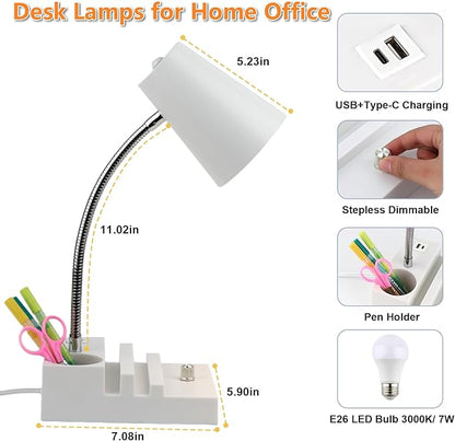 Study Desk Lamp with USB Charging and Type-C Night Light, Gooseneck LED Table Lamp Stepless Dimming Study Table Lamp with Pen Holder for College Dorm Bedroom and Office (White) - LeafyLoom