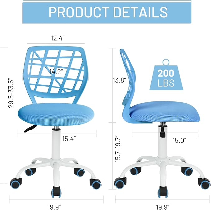 FurnitureR Kids Desk Chair, Small Office Chair Armless Adjsutable Swivel Task Chair with Soft Cushion for Study Kids Teens Child, Blue - LeafyLoom