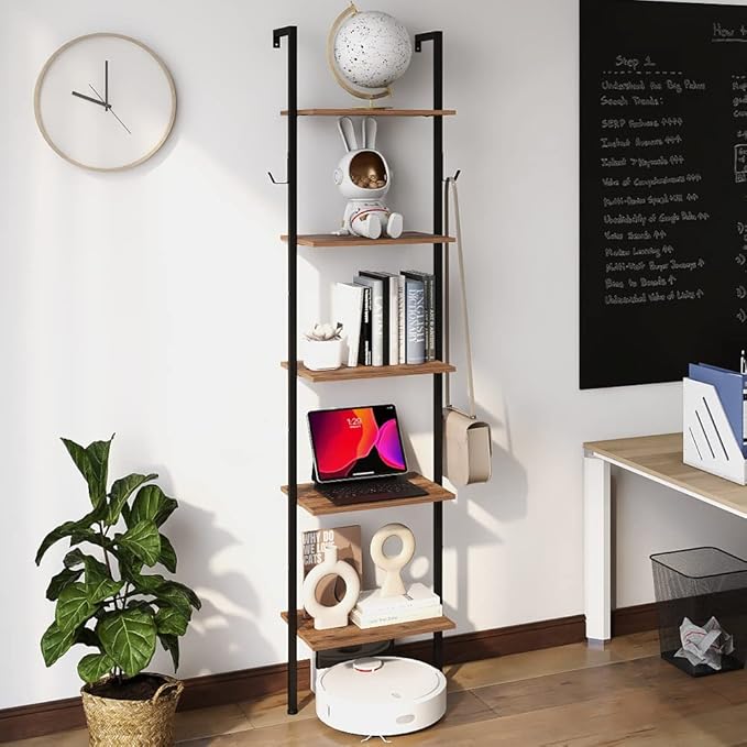 Industrial Bookshelf Wall Mounted 5-Tiers Ladder Shelf Wooden and Metal Narrow Thin Bookshelf Open Display Storage Rack for Living Room Bedroom Home Office (Rustic Brown, Small) - LeafyLoom