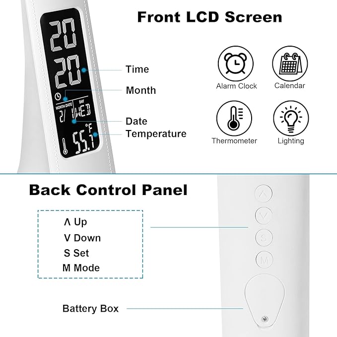 LED Desk Lamp with Digital Display Calendar Temperature,Rechargeable Desk Lamp for Home Office with Adjustable Neck,Dimmable Reading Light with Touch Control,Cordless Study Lamp with USB Charging Port - LeafyLoom