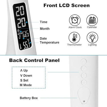 LED Desk Lamp with Digital Display Calendar Temperature,Rechargeable Desk Lamp for Home Office with Adjustable Neck,Dimmable Reading Light with Touch Control,Cordless Study Lamp with USB Charging Port - LeafyLoom