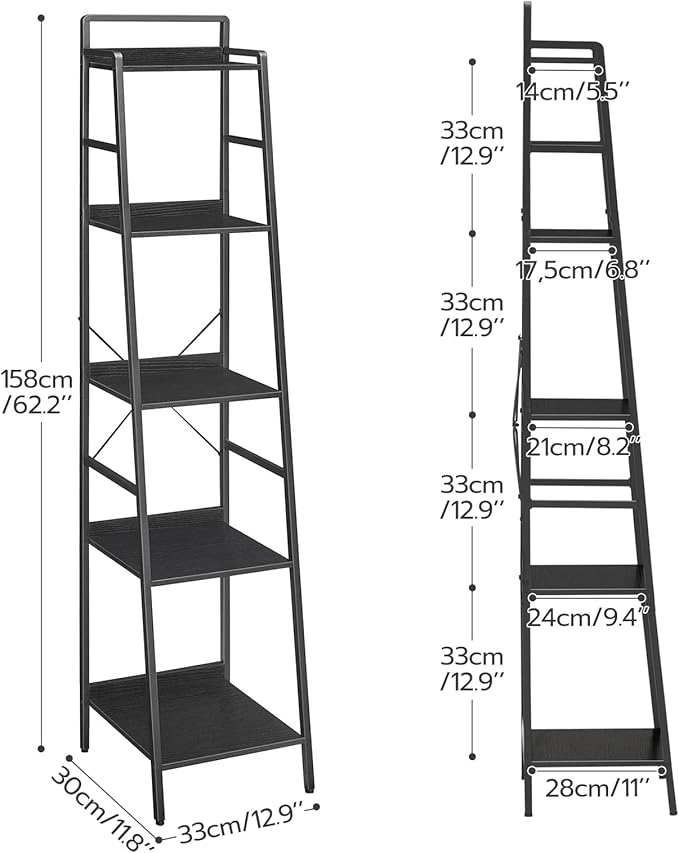 HOOBRO Bookcase, 5-Tier Narrow Bookshelf, Industrial Ladder Shelf, Skinny Bookshelf for Small Spaces, Corner Storage Shelf for Home Office, Living Room, Black BB35SJ01 - LeafyLoom