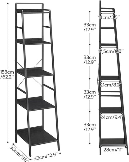 HOOBRO Bookcase, 5-Tier Narrow Bookshelf, Industrial Ladder Shelf, Skinny Bookshelf for Small Spaces, Corner Storage Shelf for Home Office, Living Room, Black BB35SJ01 - LeafyLoom