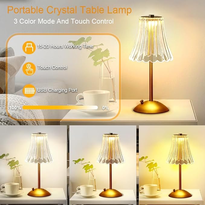 Portable Crystal Table Lamp,Cordless Metal Vintage Desk Lamp,3 Color Touch Control Rechargeable Lamp,3-Levels Brightness Room Decor Desk Lamp,Living Room,Kitchen,Dining Room Lamp (Gold-3) - LeafyLoom