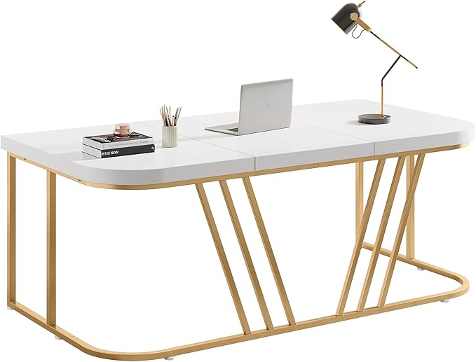 63 inches Executive Desk, Home Office Computer Desk, Modern Large Conference Table with Gold Metal Frame, Bussiness Furniture for Work Writing - LeafyLoom