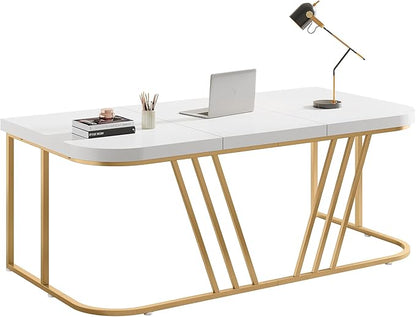 63 inches Executive Desk, Home Office Computer Desk, Modern Large Conference Table with Gold Metal Frame, Bussiness Furniture for Work Writing - LeafyLoom