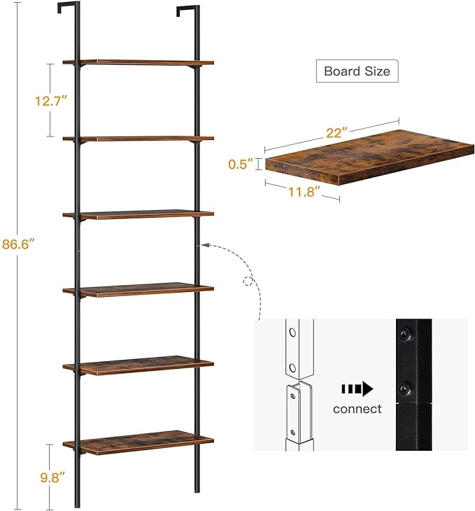 ODK 6-Tier Ladder Shelf, 87 Inches Wall Mounted Ladder Bookshelf with Metal Frame, Open Industrial Shelves for Home Office, Bedroom and Living Room, Rustic Brown - LeafyLoom