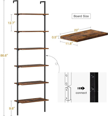 ODK 6-Tier Ladder Shelf, 87 Inches Wall Mounted Ladder Bookshelf with Metal Frame, Open Industrial Shelves for Home Office, Bedroom and Living Room, Rustic Brown - LeafyLoom