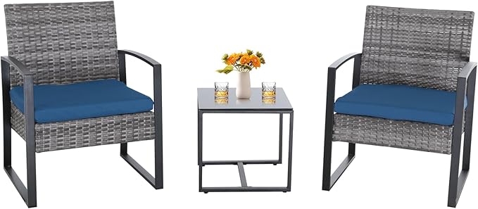 3 Pieces Patio Furniture Set, Outdoor Patio Set, Patio Bistro Set, All-Weather Wicker Conversation Set with Cushions Table for Porch Backyard (Gray-Blue) - LeafyLoom